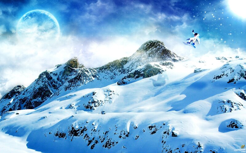 Snowboarder in Mid-air — Blue, Dramatic, Night, Digital Art, Mountains