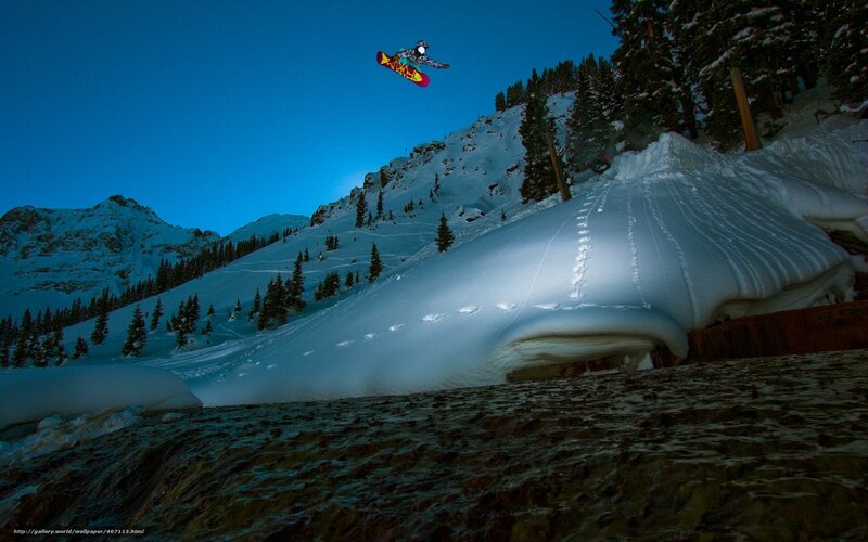 Snowboarder in Mid-air — Blue, Dramatic, Night, Photograph, Mountain