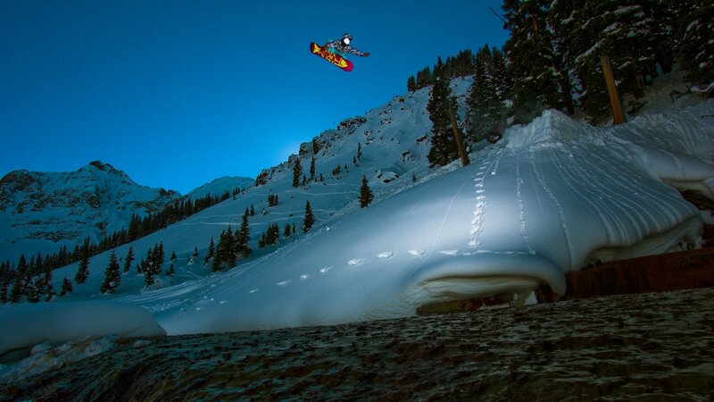 Snowboarder in Mid-air — Blue, Dramatic, Night, Photograph