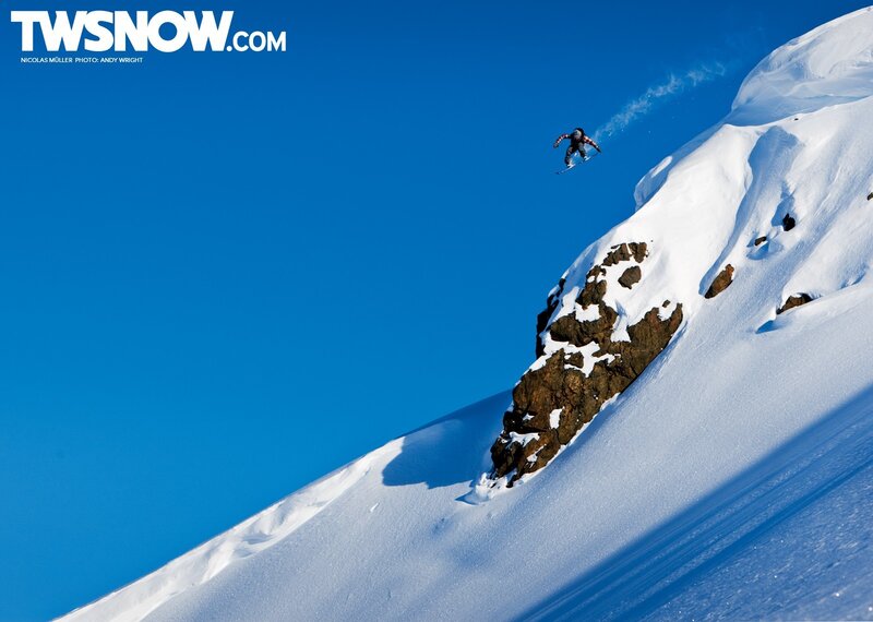 Snowboarder in Mid-air — Blue, Dramatic, Winter, Photograph, Mountain, Sky, Rock, White
