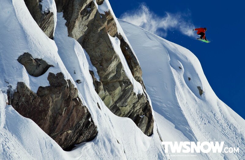 Snowboarder in Mid-air — Blue, Dramatic, Winter, Photograph, Mountain, Sky, Snow, White