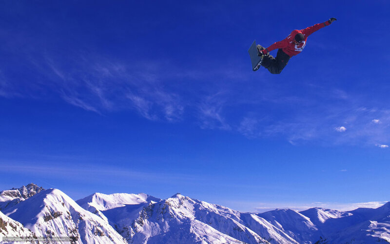Snowboarder in Mid-air — Blue, Dramatic, Winter, Photograph, Mountains
