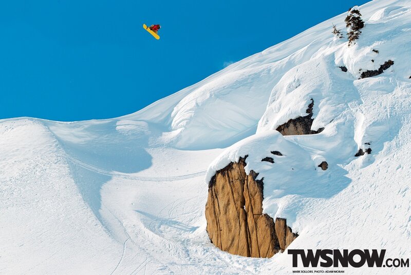 Snowboarder in Mid-air — Blue, Dramatic, Winter, Photograph, Snow, Mountain, Rock, Sky