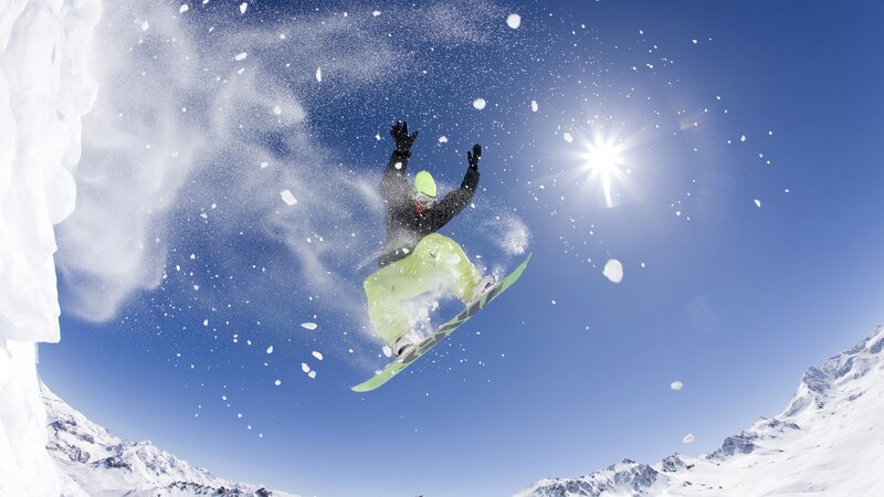 Snowboarder in Mid-air — Blue, Dynamic, Afternoon, Photograph, Snow, Mountains