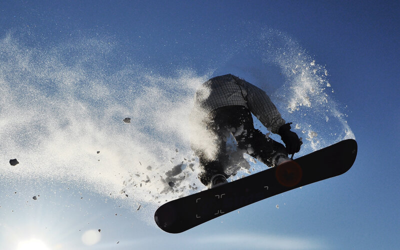 Snowboarder in Mid-air — Blue, Dynamic, Afternoon, Photograph, Snow, Sky, Sun, White