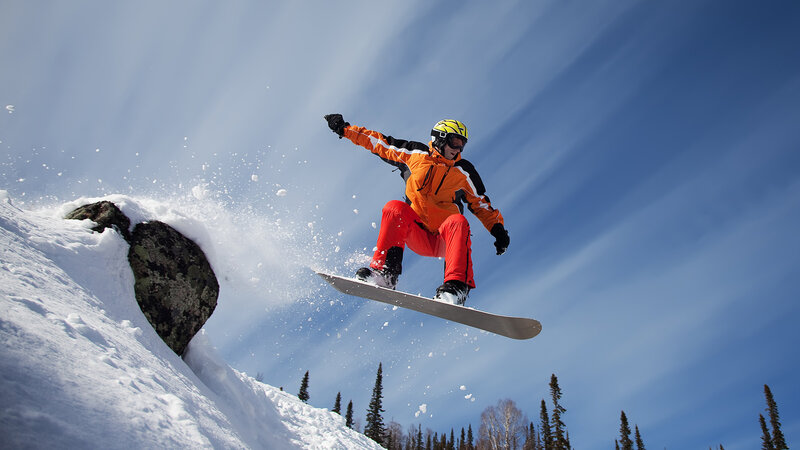 Snowboarder in Mid-air — Blue, Dynamic, Afternoon, Photograph, Snow, Sky