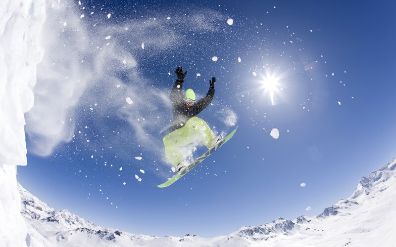 Snowboarder in Mid-air — Blue, Dynamic, Afternoon, Photograph