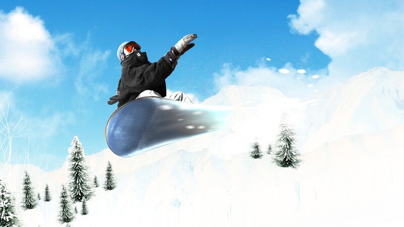 Snowboarder in Mid-air — Blue, Dynamic, Winter, Digital Art, Mountains