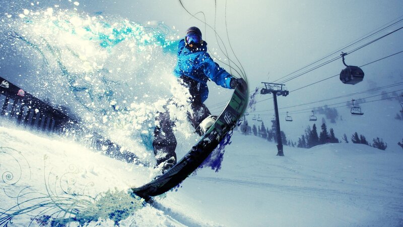 Snowboarder in Mid-air — Blue, Dynamic, Winter, Digital Art, Ski Lift