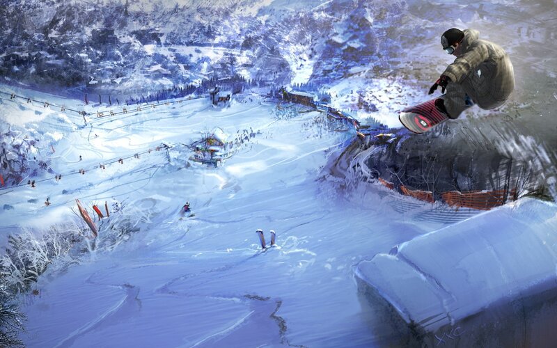 Snowboarder in Mid-air — Blue, Dynamic, Winter, Digital Art, Skier, Ski Lift