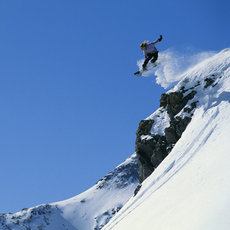 Snowboarder in Mid-air — Blue, Dynamic, Winter, Photograph, Mountain, Sky, Snow