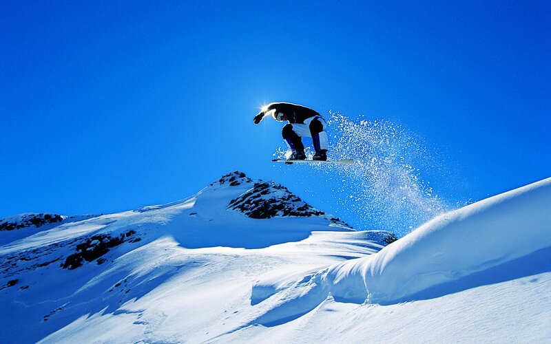 Snowboarder in Mid-air — Blue, Dynamic, Winter, Photograph, Mountain, Sky, Snow, White