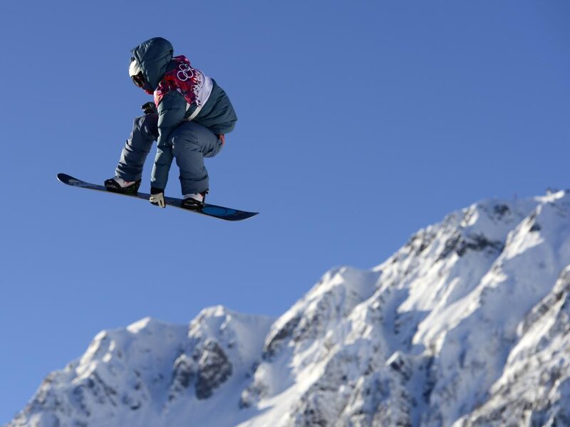 Snowboarder in Mid-air — Blue, Dynamic, Winter, Photograph, Mountain