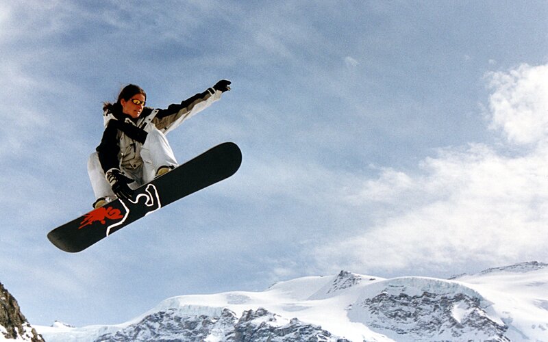 Snowboarder in Mid-air — Blue, Dynamic, Winter, Photograph, Mountains, Sky, Clouds, White