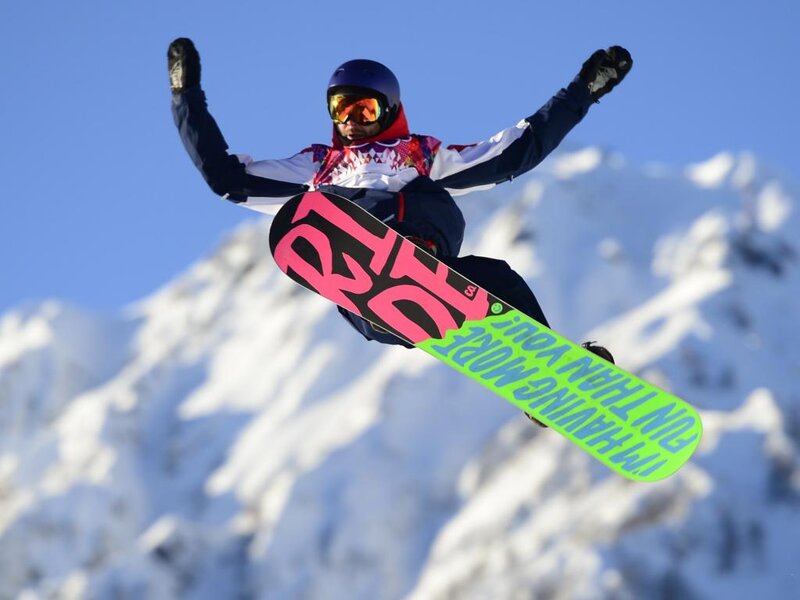 Snowboarder in Mid-air — Blue, Dynamic, Winter, Photograph, Mountains