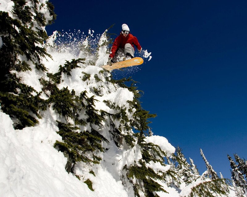 Snowboarder in Mid-air — Blue, Dynamic, Winter, Photograph, Pine Trees