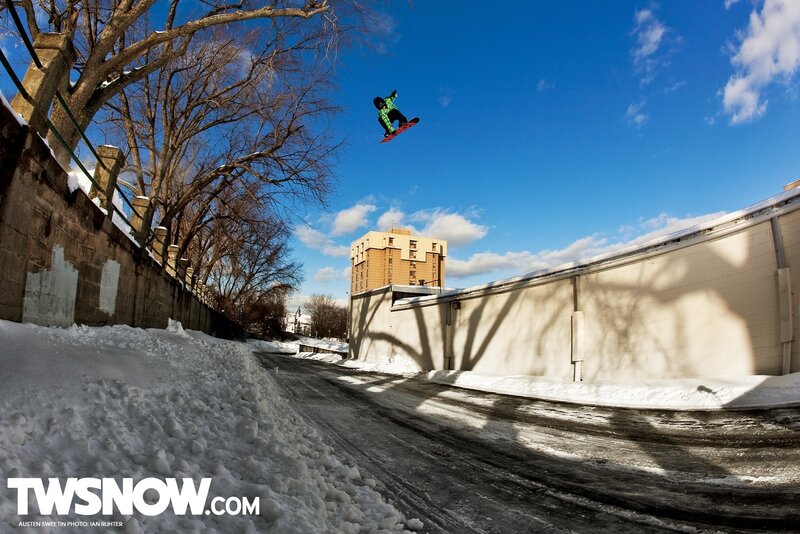 Snowboarder in Mid-air — Blue, Dynamic, Winter, Photograph, Snow, Buildings