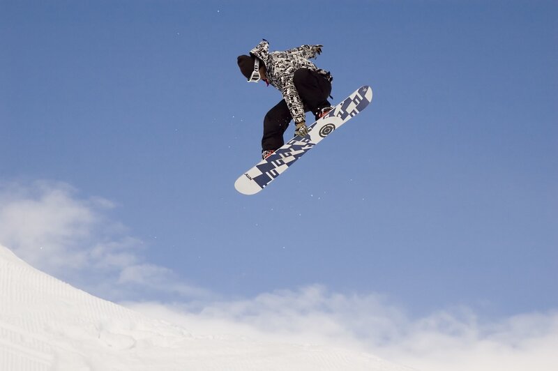 Snowboarder in Mid-air — Blue, Dynamic, Winter, Photograph, Snow, Sky, Goggles