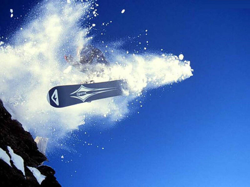 Snowboarder in Mid-air — Blue, Dynamic, Winter, Photograph, Snow, Sky, Mountain