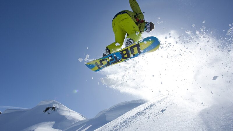Snowboarder in Mid-air — Blue, Dynamic, Winter, Photograph, Snow, Sky, Mountain, White