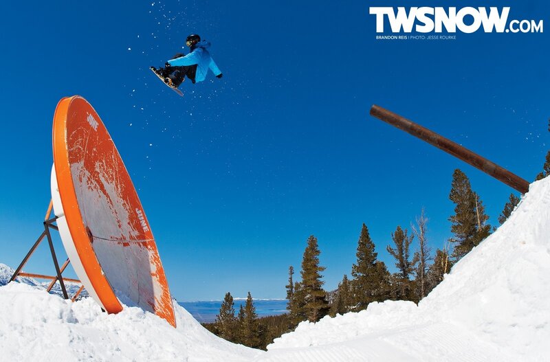 Snowboarder in Mid-air — Blue, Dynamic, Winter, Photograph, Snow, Trees, Satellite Dish