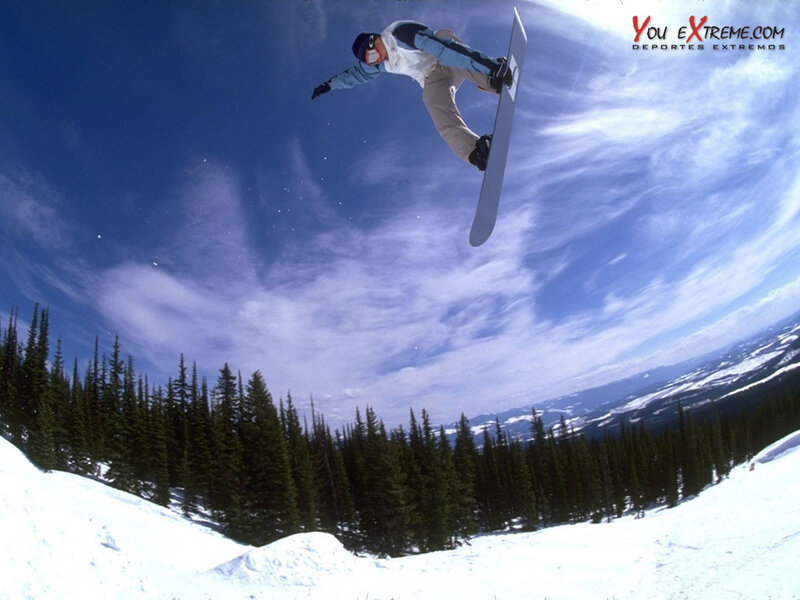 Snowboarder in Mid-air — Blue, Dynamic, Winter, Photograph, Snow, Trees, Sky, White