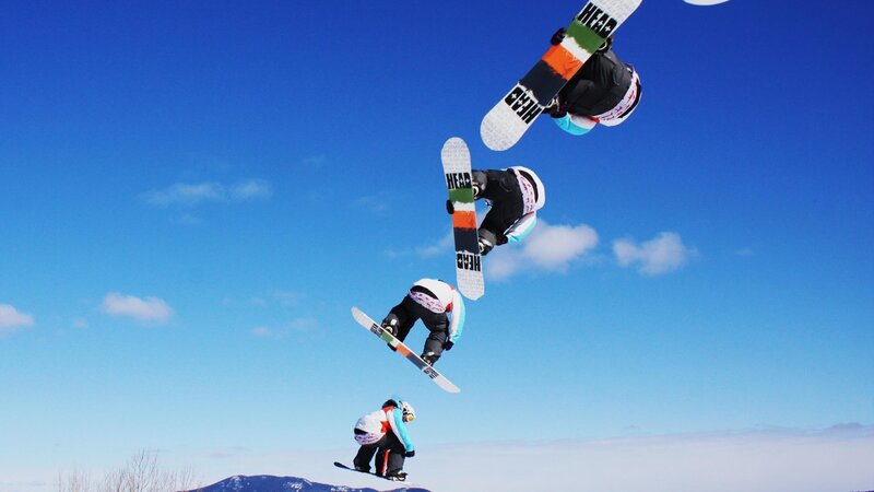 Snowboarder in Mid-air — Blue, Dynamic, Winter, Photograph, Snowboard, Sky