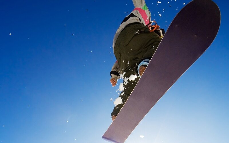 Snowboarder in Mid-air — Blue, Dynamic, Winter, Photograph, Snowboard, Snow, Sky, White