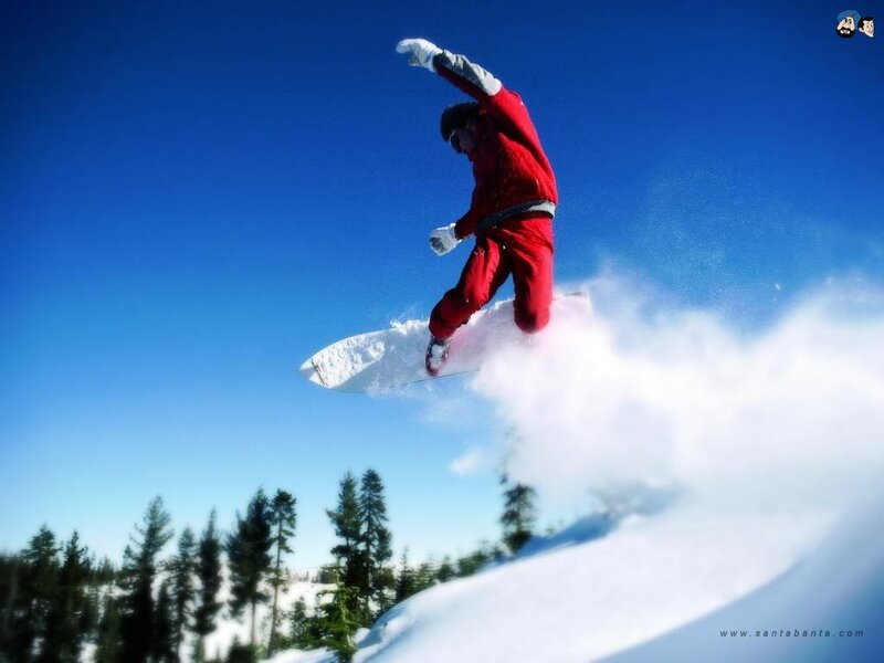 Snowboarder in Mid-air — Blue, Dynamic, Winter, Photograph, Snowboard, Trees, Sky
