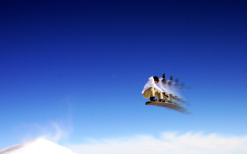 Snowboarder in Mid-air — Blue, Dynamic, Winter, Photograph, Snowy Mountain