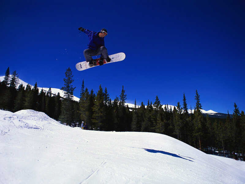 Snowboarder in Mid-air — Blue, Dynamic, Winter, Photograph, Snowy Slope