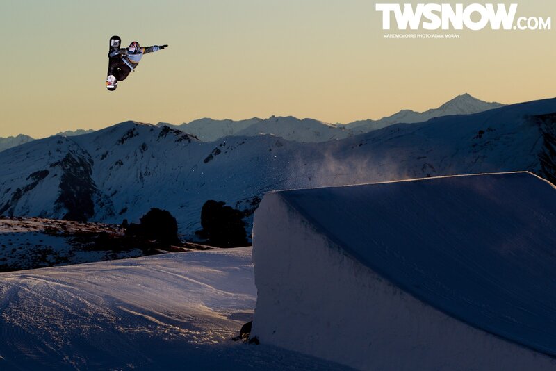 Snowboarder in mid-air jump