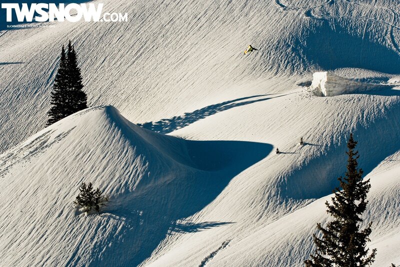 Snowboarder in mid-air jump