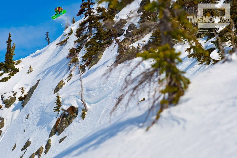 Snowboarder in mid-air jump