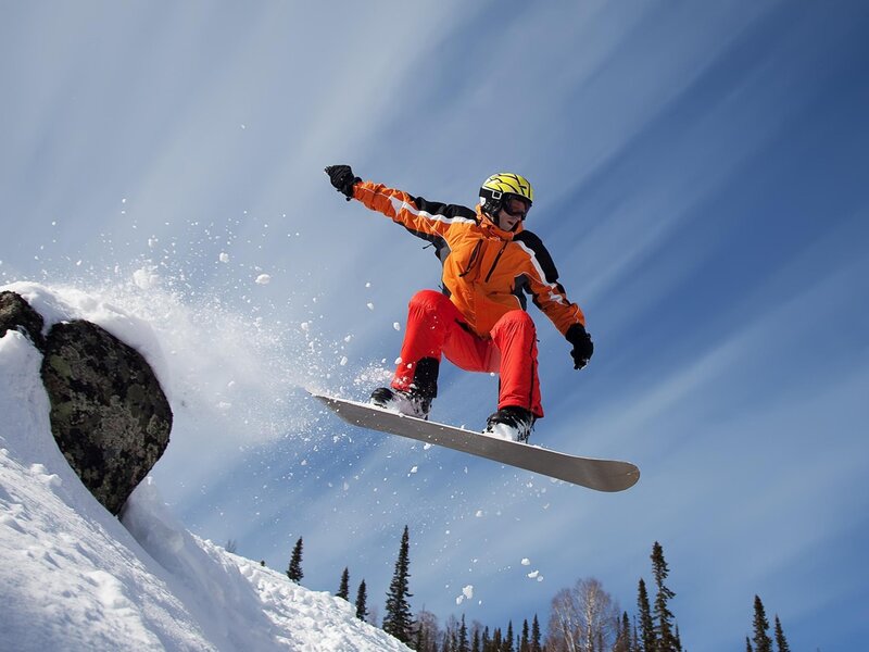 Snowboarder in Mid-air — Orange, Dynamic, Winter, Photograph, Snow