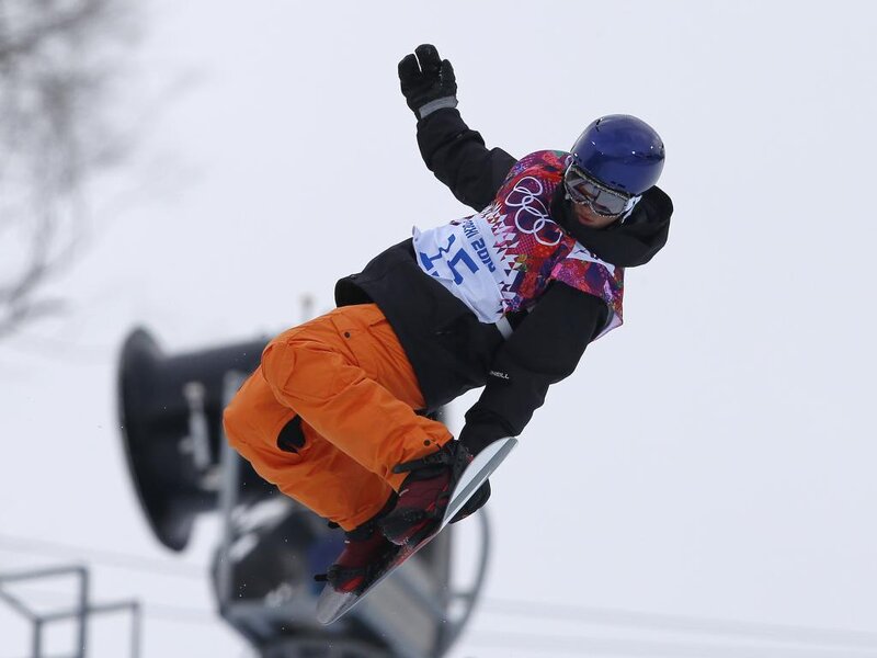 Snowboarder in Mid-air — Orange, Dynamic, Winter, Photograph