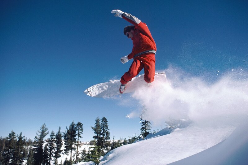 Snowboarder in Mid-air — Red, Dynamic, Winter, Photograph