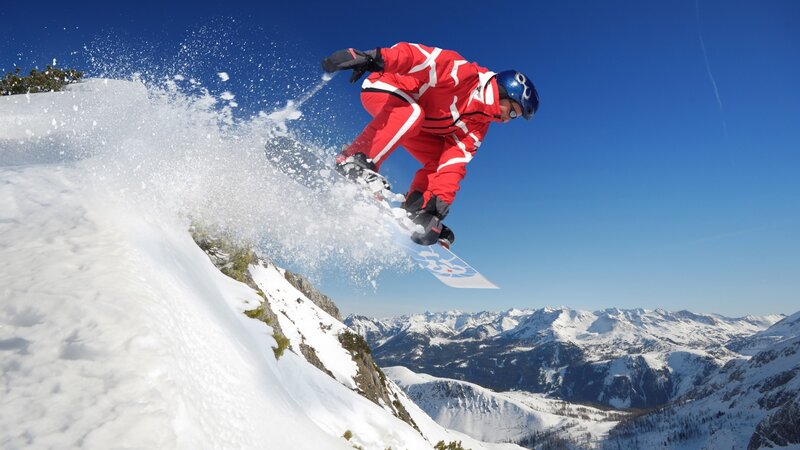 Snowboarder in Mid-air — Red, Dynamic, Winter