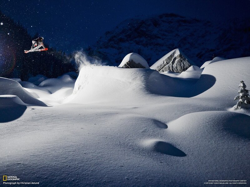 Snowboarder in Mid-air — White, Dramatic, Night