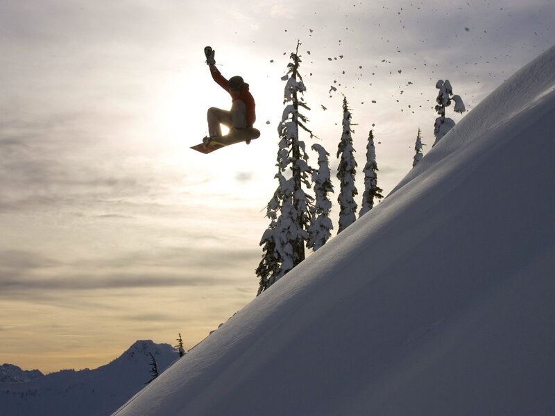 Snowboarder in Mid-air — White, Dramatic, Sunset, Photograph