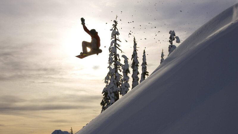 Snowboarder in Mid-air — White, Dramatic, Sunset