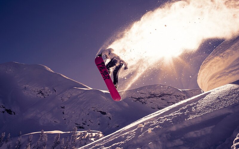 Snowboarder in Mid-air — White, Dramatic, Winter, Photograph, Mountains