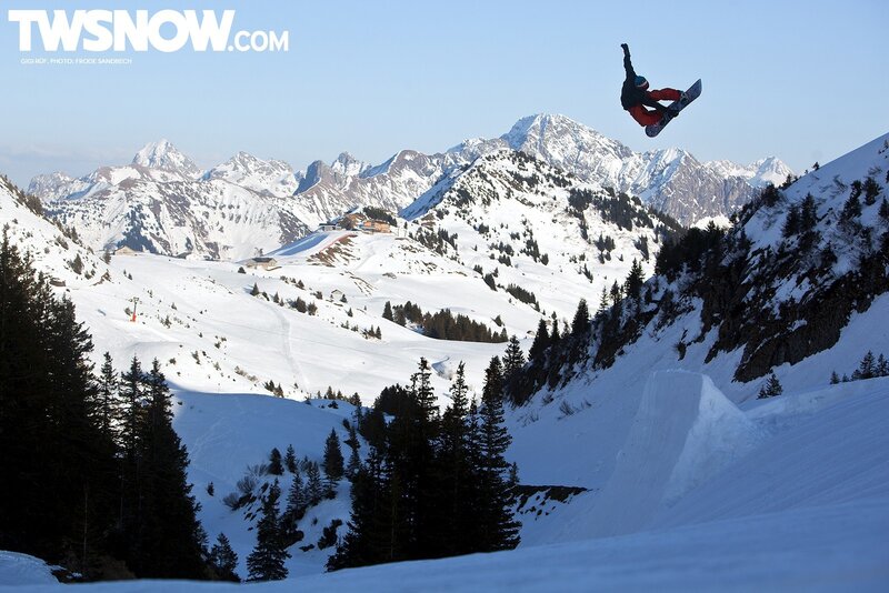 Snowboarder in Mid-air — White, Dramatic, Winter, Photograph, Mountains, Trees, Ski Resort
