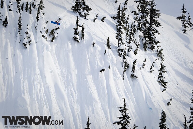 Snowboarder in Mid-air — White, Dramatic, Winter, Photograph, Snow-covered Trees, Mountain Slope
