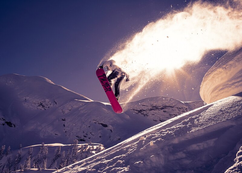 Snowboarder in Mid-air — White, Dramatic, Winter, Photograph, Snow, Mountains