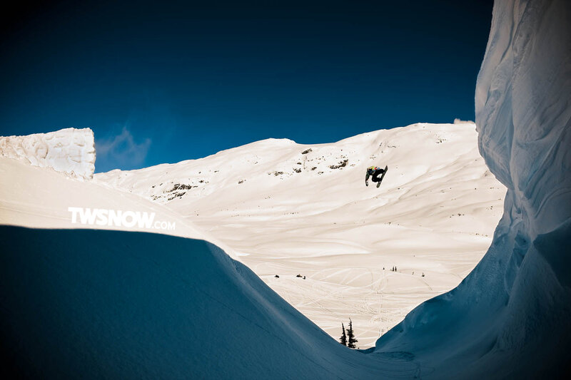 Snowboarder in Mid-air — White, Dramatic, Winter, Photograph, Snowy Mountain, Blue Sky, Trees