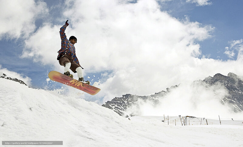 Snowboarder in Mid-air — White, Dynamic, Winter, Photograph, Mountain, Clouds