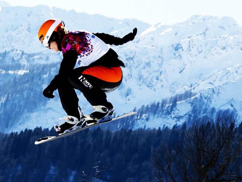 Snowboarder in Mid-air — White, Dynamic, Winter, Photograph, Mountains, Trees