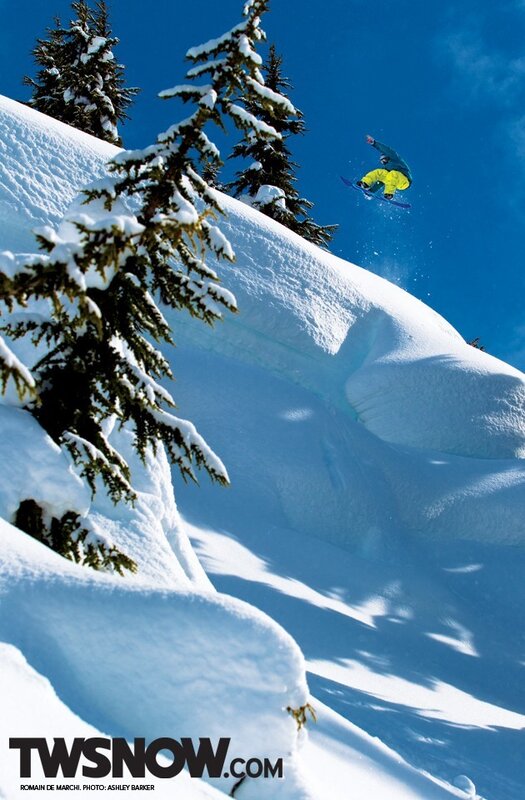 Snowboarder in Mid-air — White, Dynamic, Winter, Photograph, Snow-covered Trees, Blue Sky, Snowy Slope, Blue