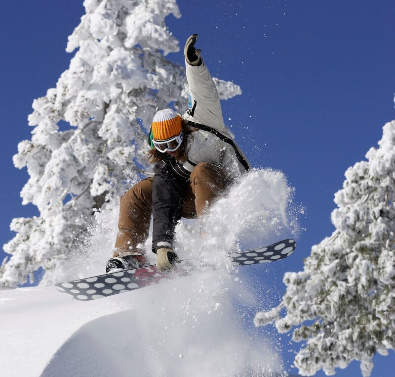 Snowboarder in Mid-air — White, Dynamic, Winter, Photograph, Snow-covered Trees, Goggles, Snowboard